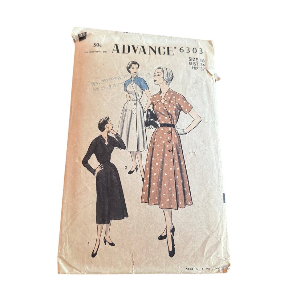 Vintage 1947 Advance 6303 Sewing Pattern Bust 34 Women's Shirtwaist Dress